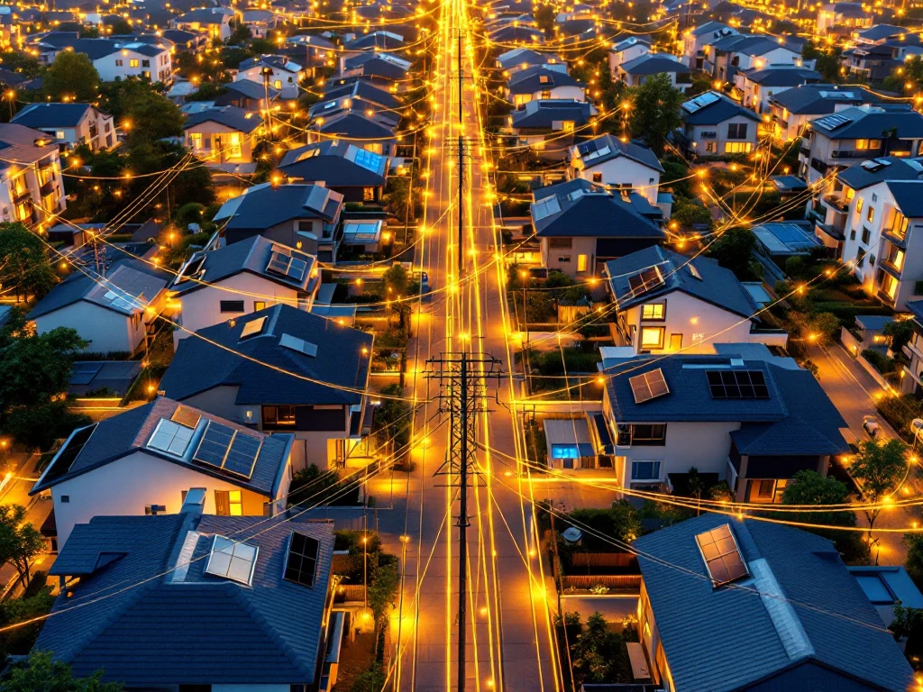 Luchtfoto van een moderne woonwijk met zonnepanelen op de daken, verbonden door een netwerk van elektrische lijnen, benadrukt door Energy Check.
