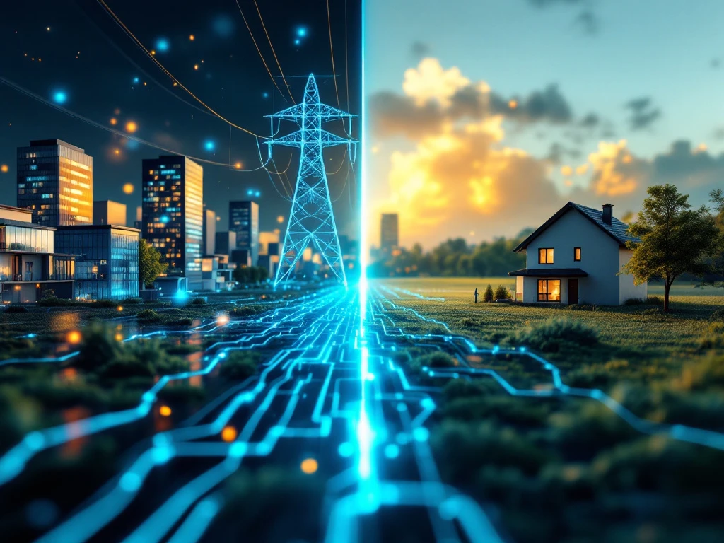 De afbeelding toont een contrast tussen een stedelijke skyline aan de linkerkant en een individueel huis op het platteland aan de rechterkant, verbonden door een energie netwerk, passend bij het thema "energie-inkoop collectief versus individueel" van Energy Check.