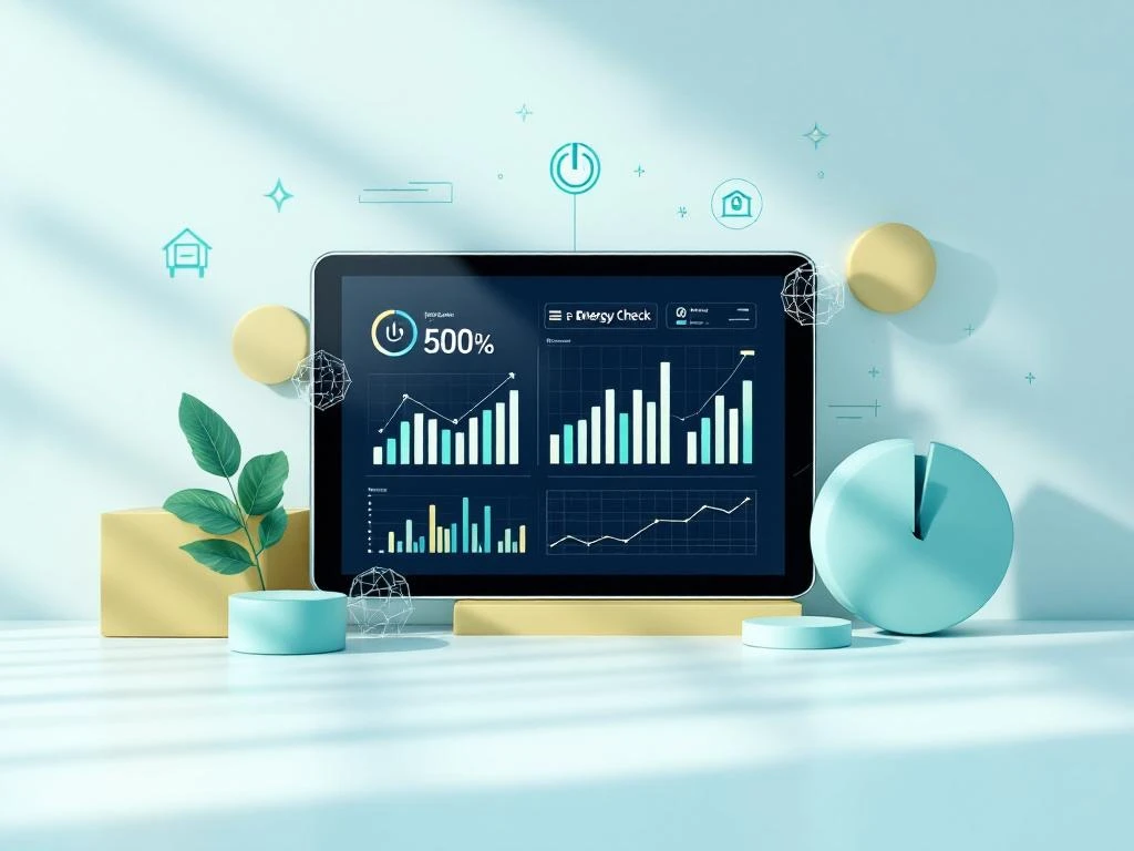 Tablet met Energy Check digitaal dashboard dat energie-inkoopgegevens en grafieken toont, omringd door decoratieve elementen.