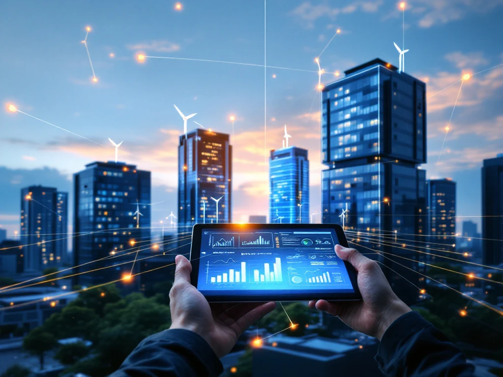 De afbeelding toont een tablet met energiebeheerdata, verbonden met een netwerk van moderne kantoorgebouwen met windturbines, wat de focus van Energy Check op duurzame energie-inkoop benadrukt.
