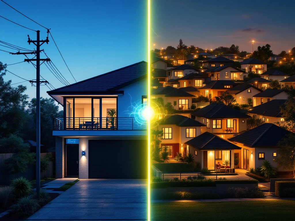 Afbeelding van een half verlichte woning tegenover een verlichte woonwijk, ter illustratie van individuele versus collectieve energie-inkoop door Energy Check.