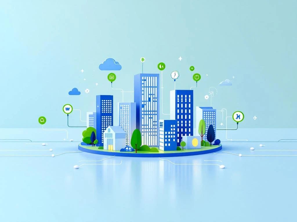 Illustratie van een netwerk van verbonden gebouwen, symbool voor energie-inkoop en samenwerking, vertegenwoordigd door Energy Check.