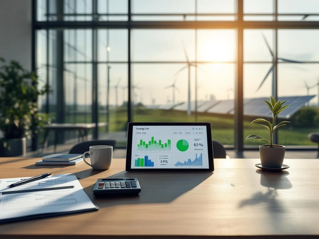 Een modern bureau in een duurzaam ingericht kantoor van Energy Check, met een tablet die energiegegevens toont, omringd door een plant, windturbines en zonnepanelen.