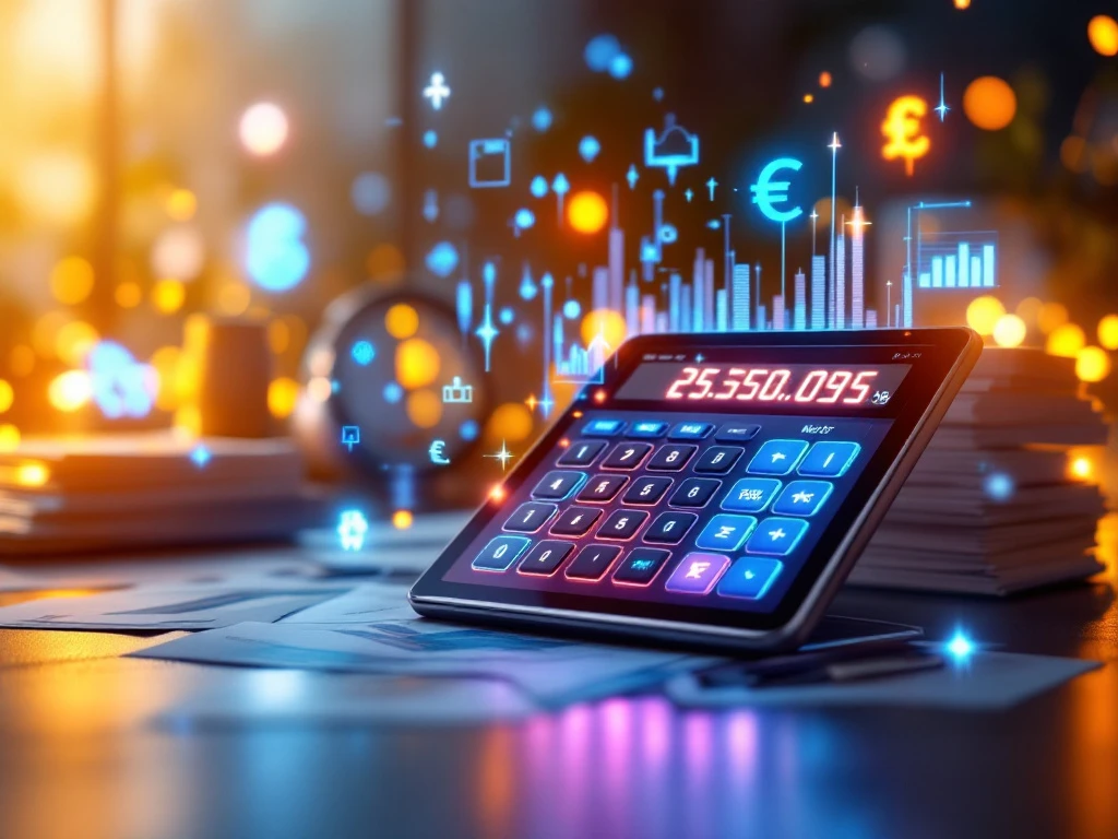 Digitale calculator met kleurrijke symbolen en grafieken die energie- en kostenbesparingen in euro weergeven, passend bij de diensten van Energy Check.