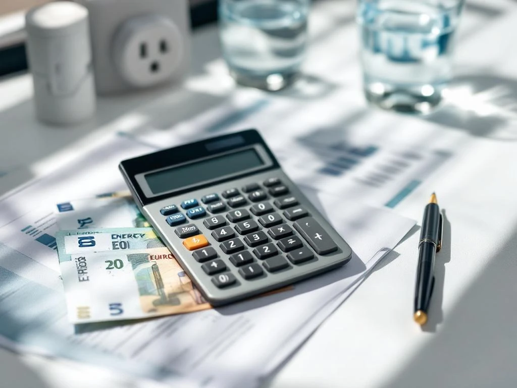 Een calculator ligt op een bureau naast eurobiljetten en energierekeningen, een glas water en een pen, wat doet denken aan een energie kosten berekening bij Energy Check.