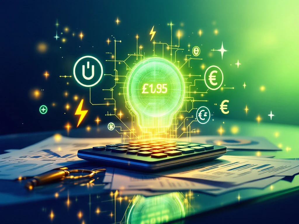 Een digitale weergave van een energiekosten calculator met verlichte grafische symbolen van verschillende valuta en energiebesparingsiconen, passend bij Energy Check.
