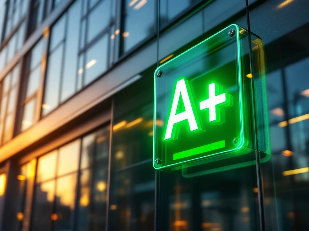 Groene A+ energielabel op de gevel van een modern kantoorgebouw bij zonsondergang, gepresenteerd door Energy Check.