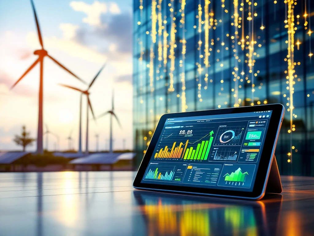 Tablet met een energie-management-dashboard van Energy Check voor een kantoorgebouw, met windmolens en LED-verlichting op de achtergrond.
