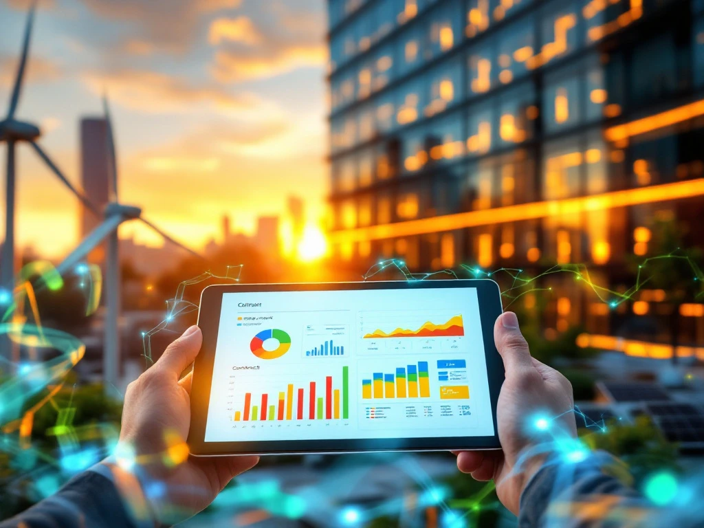 Een persoon houdt een tablet vast met energiebeheerstatistieken, tegen de achtergrond van een modern kantoorgebouw en windturbines bij zonsondergang, voor Energy Check.
