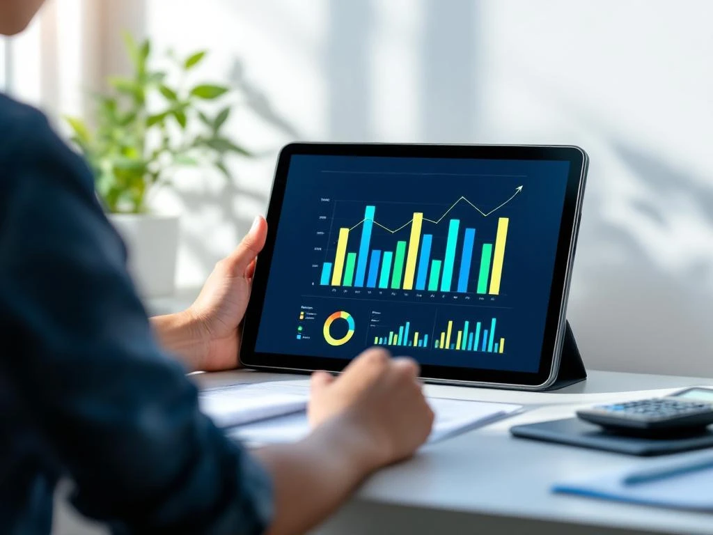 Een persoon bekijkt energie-analysegrafieken op een tablet voor Energy Check.