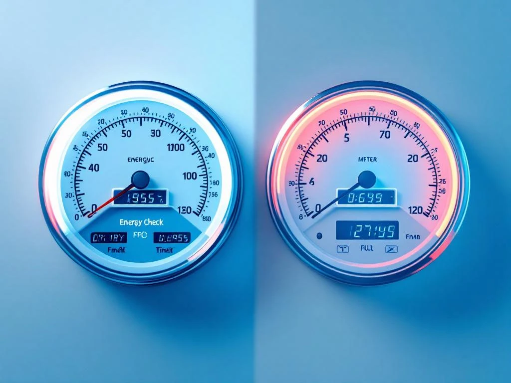 Vergelijking van een analoge en een digitale energiemeter met het logo van Energy Check.