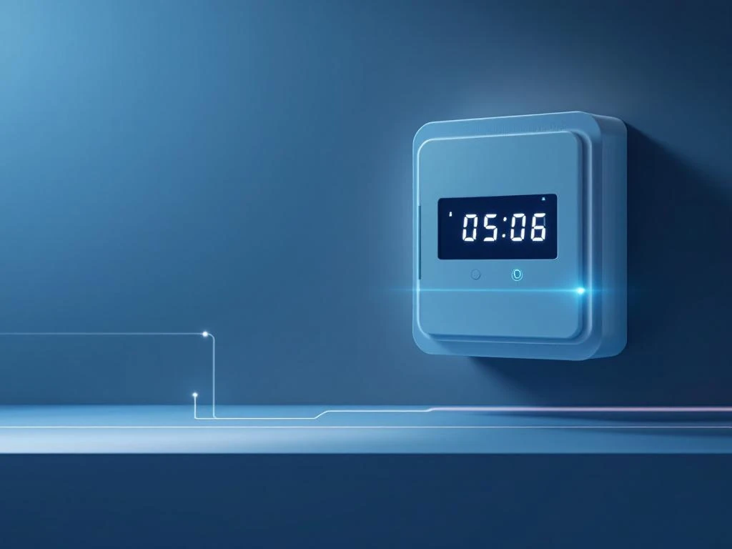 Digitaal display van een energie-meter met een tijdsaanduiding van 05:06, weergegeven op een modern, blauw verlicht paneel tegen een subtiele achtergrond, passend bij Energy Check.