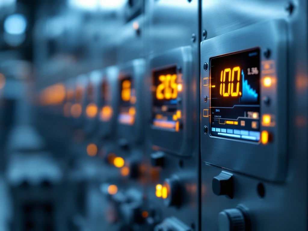 Rij van industriële energiemeters met digitale displays die gegevens tonen, passend bij Energy Check's focus op energie-efficiëntie.