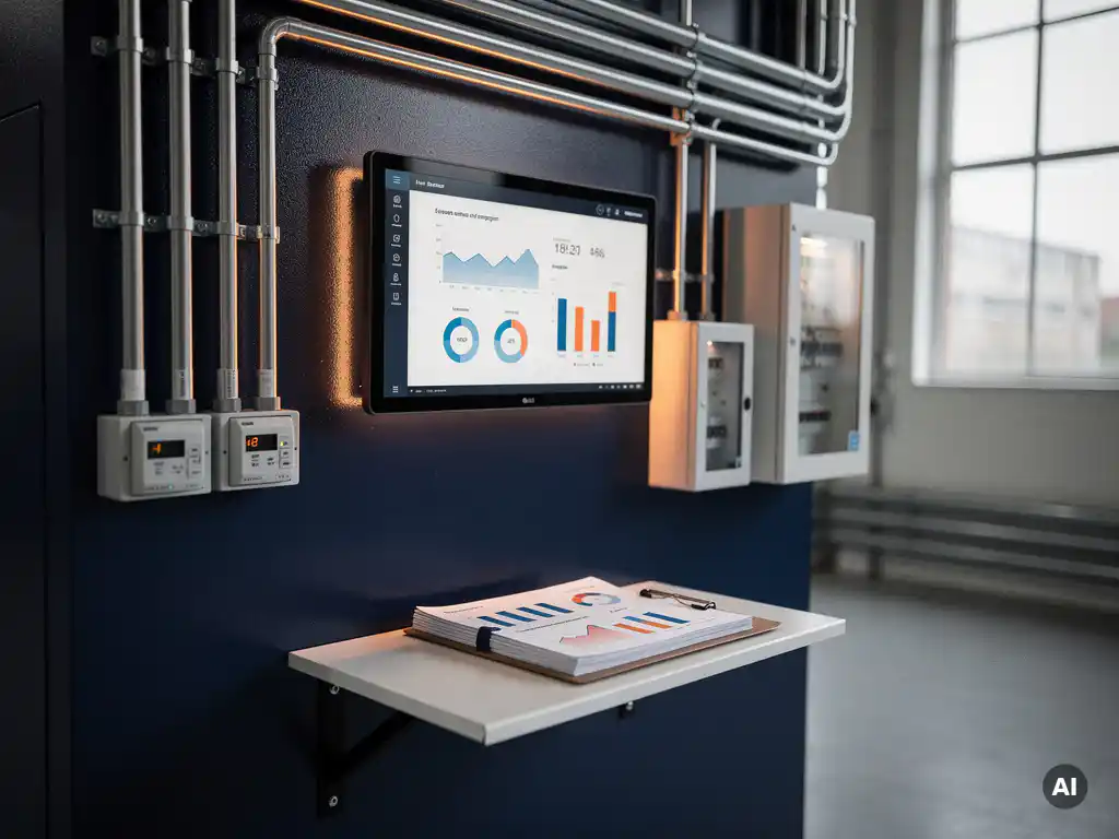 Digitaal energiemonitoringdashboard op fabriekssmuur tussen industriële leidingen en elektrische panelen, met energierapport op klembord.