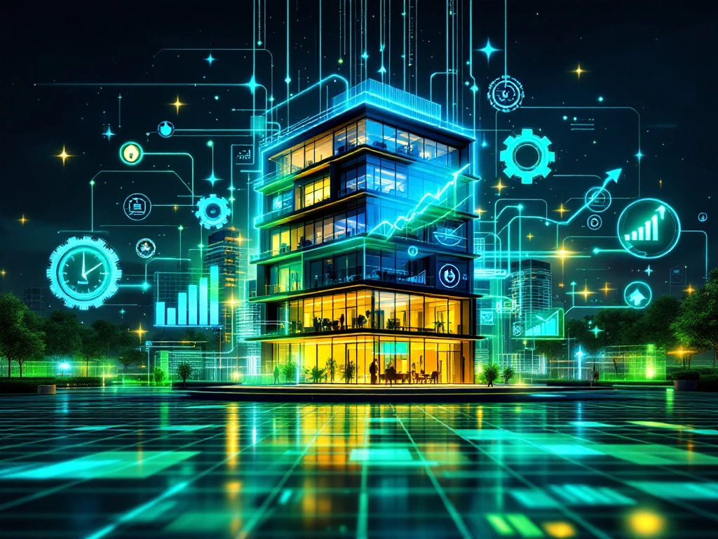 Een verlicht kantoorgebouw met holografische energie-monitoring iconen zwevend in de nacht, gepresenteerd door Energy Check.