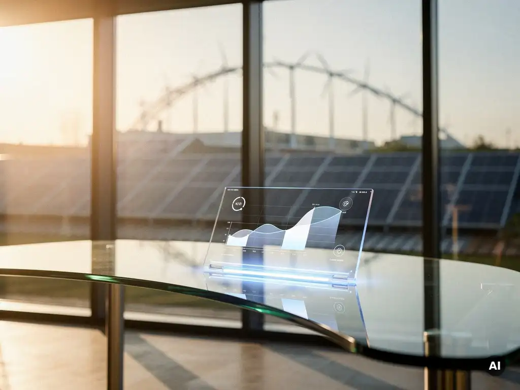 Energiemonitoringdashboard op glazen bureau in Nederlands kantoorgebouw met zonnepanelen en windturbines op de achtergrond.