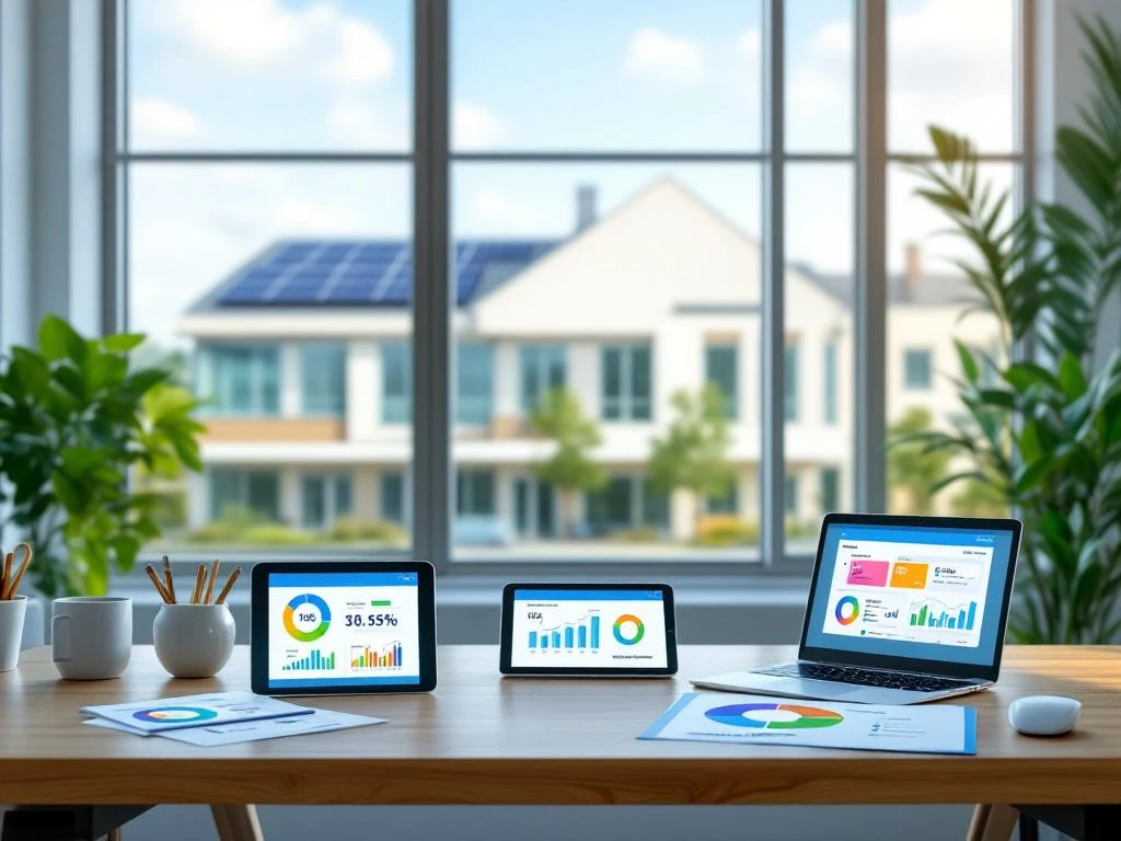Bureaublad met laptops en tablets die energie-monitoringsoftware van Energy Check tonen, met een schoolgebouw met zonnepanelen zichtbaar op de achtergrond.
