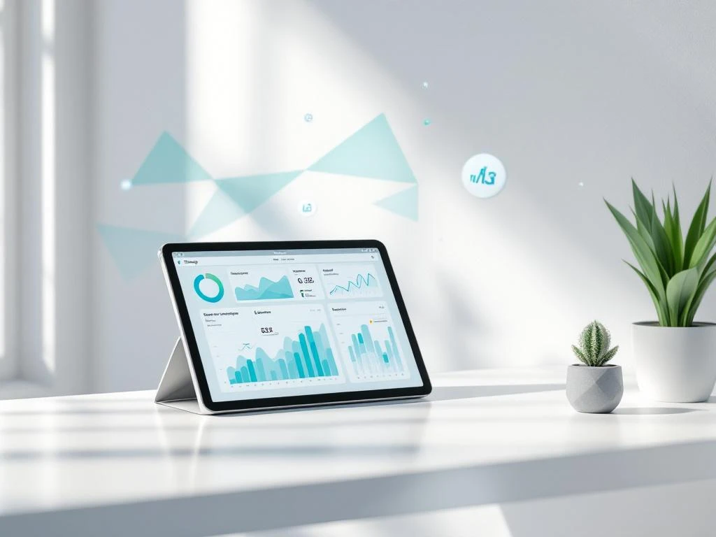 Tabletdisplay met data visualisatie van energie-monitoring door Energy Check, geplaatst op een bureau met planten.