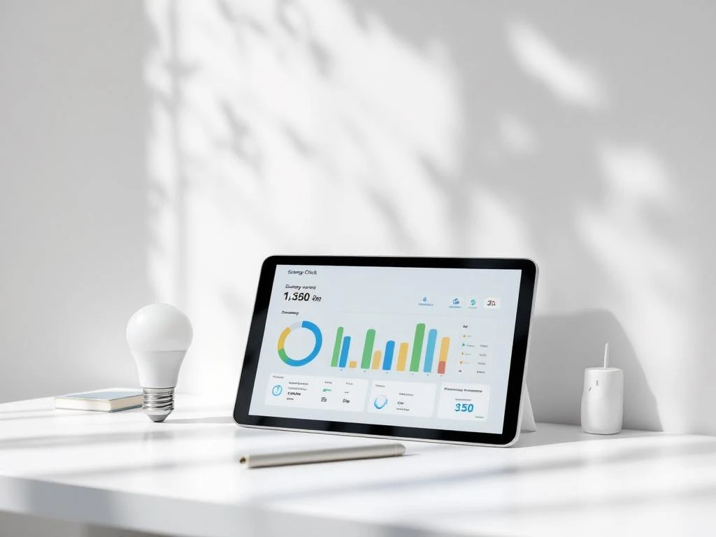 Een tablet met een energie-monitoring dashboard van Energy Check toont grafieken en statistieken op een witte tafel, naast een gloeilamp en een notitieboekje.