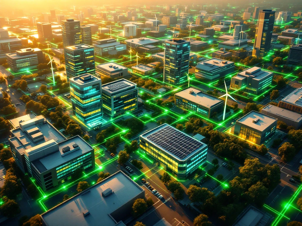 Luchtfoto van een modern energie-netwerk met kantoorgebouwen voorzien van zonnepanelen en groene verlichte verbindingslijnen, passend bij de duurzame visie van Energy Check.