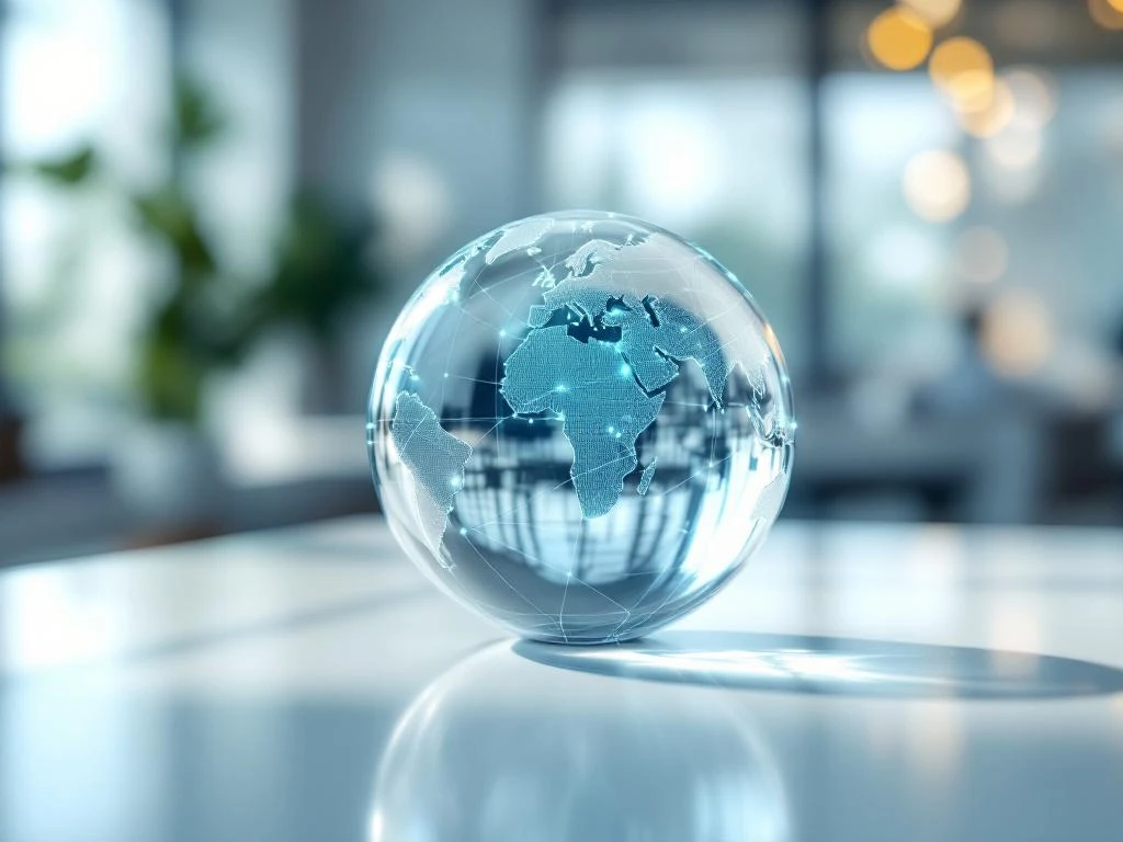 Heldere glazen wereldbol met energie-netwerkpatroon op een bureau in een modern kantoor, passend bij de website van Energy Check.