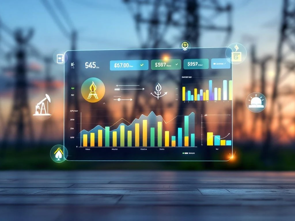 Dashboard met energietrends en prijsgegevens van Energy Check, weergegeven in grafieken tegen een achtergrond van elektriciteitsmasten bij zonsondergang.