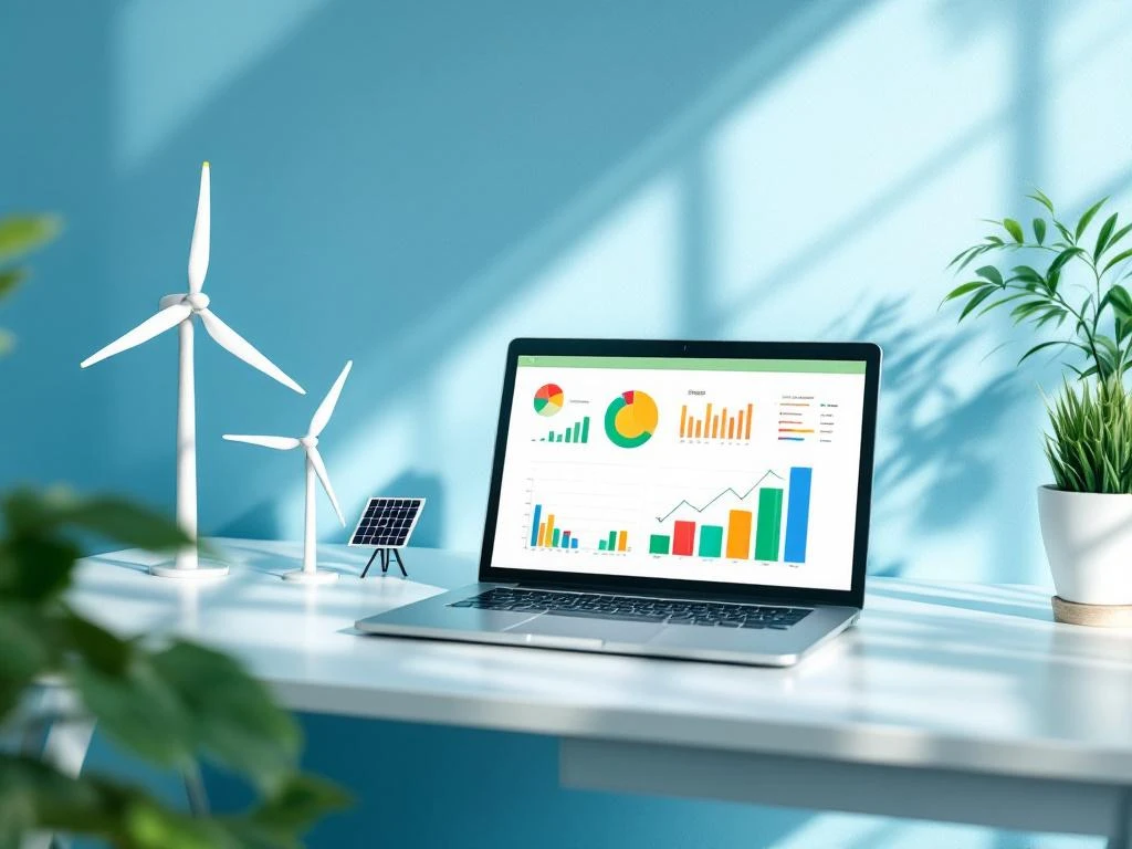 Een laptop op een bureau toont het energie-rapport dashboard van Energy Check met grafieken, naast miniatuurmodellen van een windturbine en een zonnepaneel.