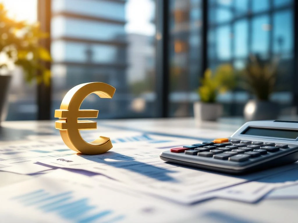 Een overzicht van een bureau met een rekenmachine, een groot gouden euroteken en energiefacturen, passend in een modern kantoor van Energy Check.