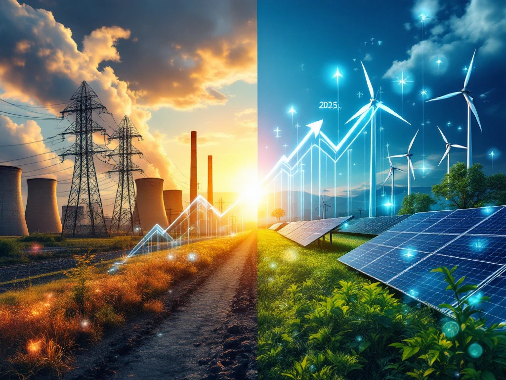 Een artistieke vergelijking van traditionele energiecentrales en hernieuwbare energiebronnen zoals windmolens en zonnepanelen, met op de achtergrond een grafische weergave van energietarieven voor 2024-2025.