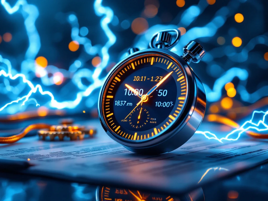 Een stopwatch die op contractdocumenten ligt met elektrische stroomeffecten op de achtergrond voor Energy Check.