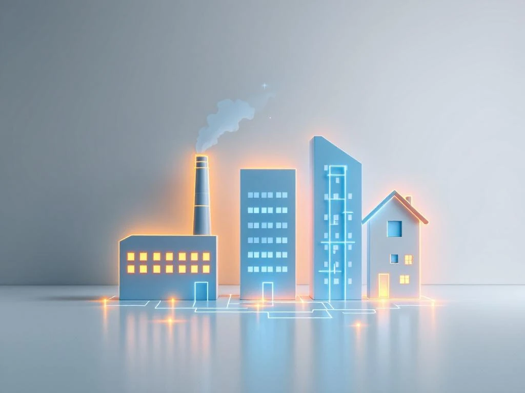 Afbeelding van gevisualiseerde energieverbindingen tussen industriële gebouwen en woningen in een digitale stijl, passend bij het thema van Energy Check.