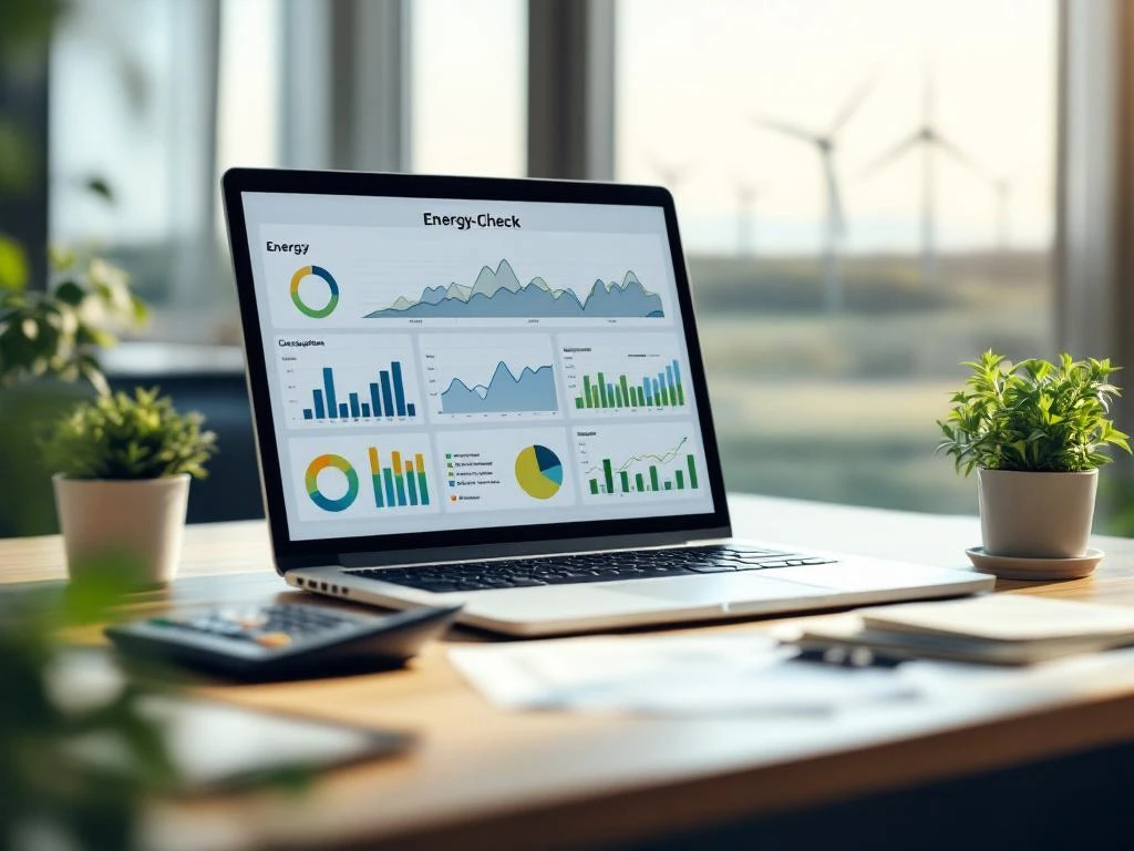 Een laptop op een bureau met grafieken voor energieverbruik analyse van Energy Check, omringd door planten en met windturbines op de achtergrond.