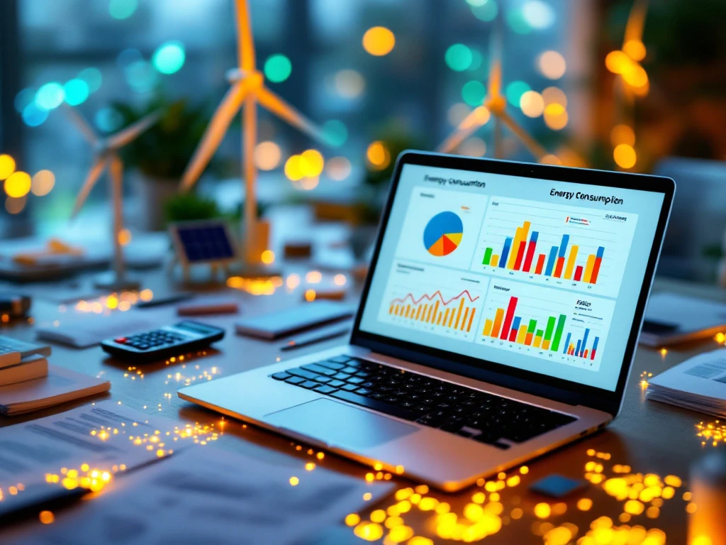 Een opengeklapte laptop toont energieverbruiksgrafieken op een bureau, omringd door kleine windturbines en verlicht door sfeerverlichting, passend bij het thema duurzaamheid van Energy Check.