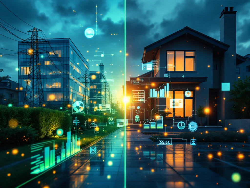 Een moderne straat met technologie-overlay die energiegegevens en -grafieken toont voor Energy Check, met een woning en bedrijfspand op de achtergrond.