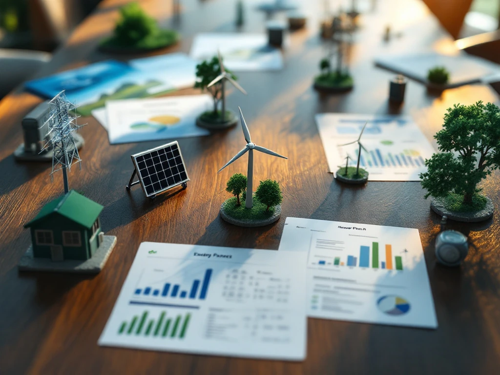Een tafel vol met schaalmodellen van zonnepanelen, windmolens, elektriciteitsmasten en energiegerelateerde documenten, gebruikt door Energy Check voor energievergelijking.