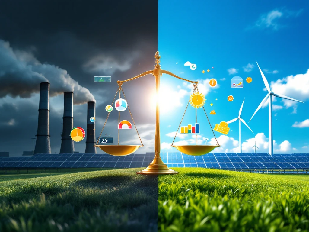 Een weegschaal symboliseert de balans tussen fossiele energiecentrales en hernieuwbare energiebronnen zoals zonne- en windenergie.