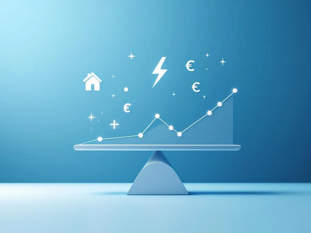 Een balansweegschaal toont een visuele grafiek met stijgende energiekosten en besparingen, met symbolen zoals een huis, bliksemschicht en eurotekens, voor Energy Check.