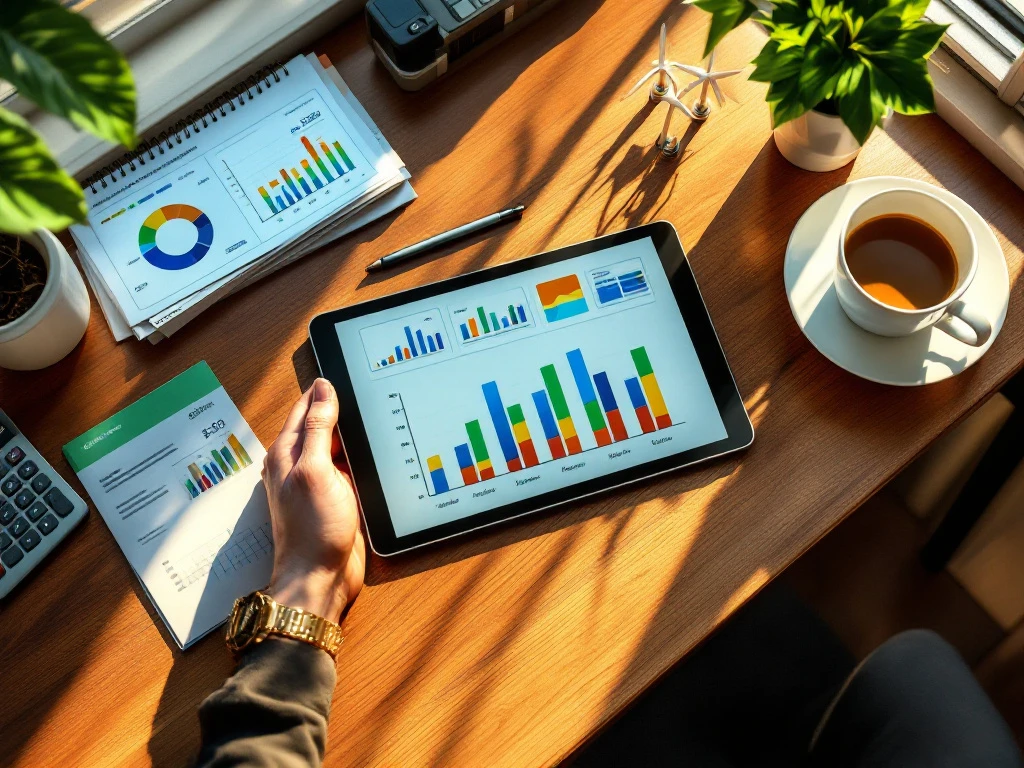 Een tablet met kleurrijke energiegrafieken ligt op een bureau, omgeven door papierwerk van Energy Check, een kop koffie, een rekenmachine en planten.