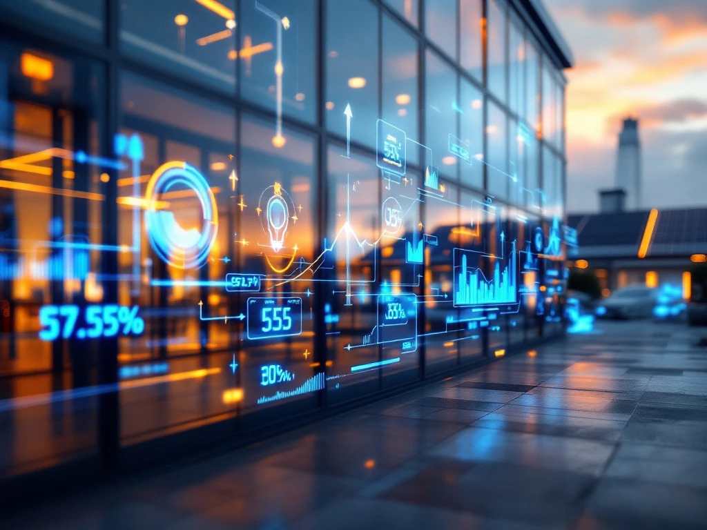 Reflecterende glazen gevel van een kantoor met digitaliserende energie-grafieken in de avondschemering, bij een gebouw met zonnepanelen, passend bij de Energy Check uitstraling.