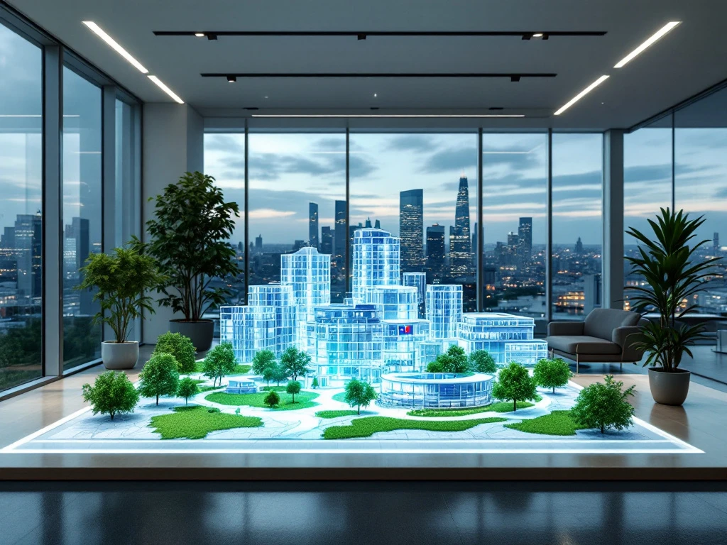 Visuele energievisualisatie van een futuristisch gebouw in Brussel vanuit een modern kantoorpand, met uitzicht op de stad en een maquette van Energy Check.