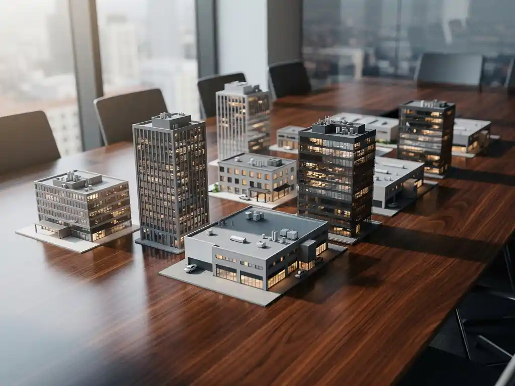 Een conferentietafel met miniatuurmodellen van kantoorgebouwen, gebruikt door Energy Check voor energieadvies in de bedrijfssector.