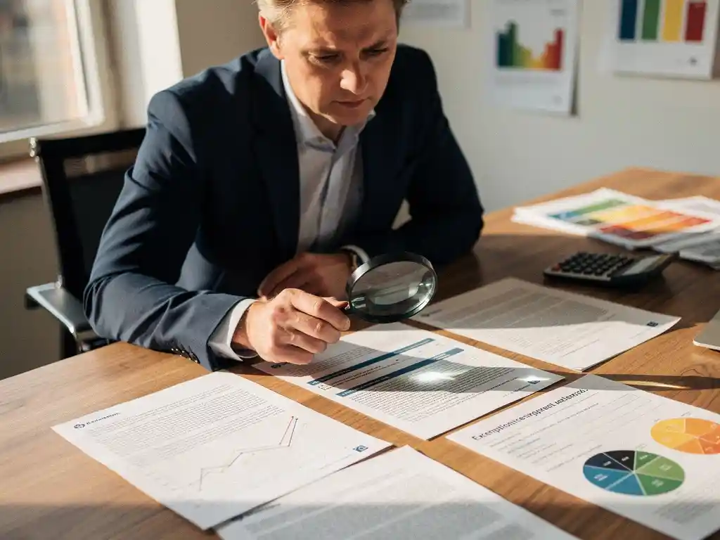 Een consultant van Energy Check analyseert documenten over energieadvies en regelgeving met een vergrootglas aan een bureau.