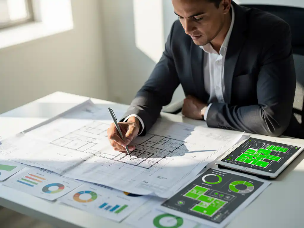 Een energieadviseur van Energy Check analyseert blauwdrukken en efficiëntiedata op een bureau vol met grafieken en diagrammen.