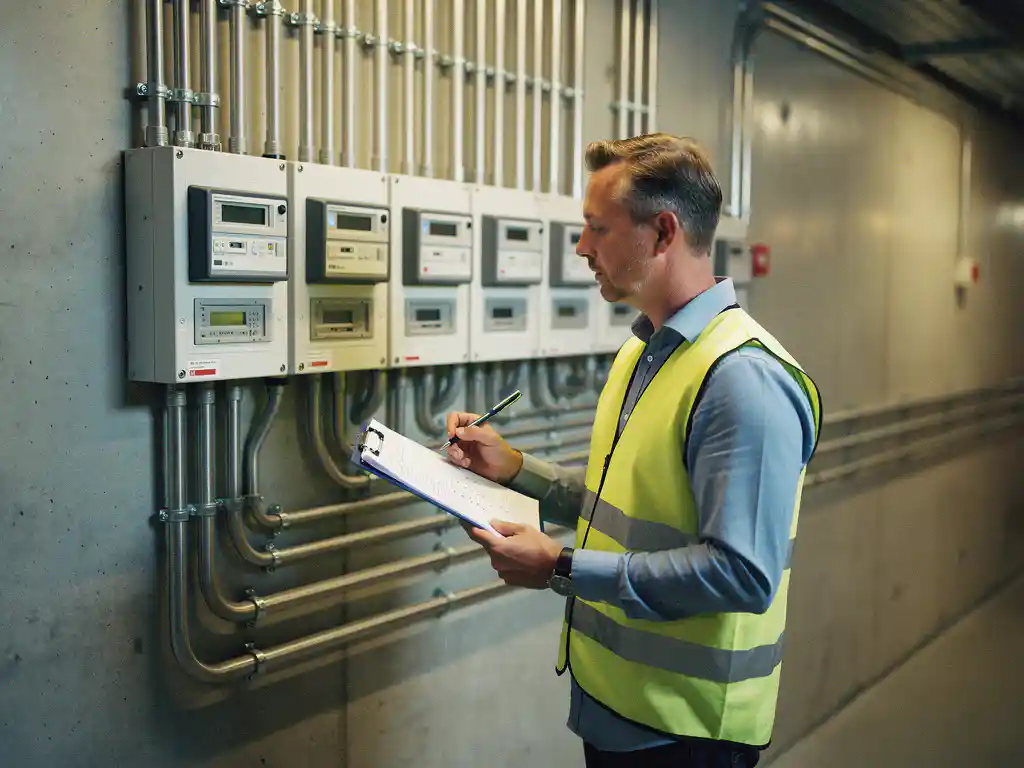 Nederlandse energieadviseur inspecteert elektriciteitsmeter in industriële meterkast met klembord in hand.
