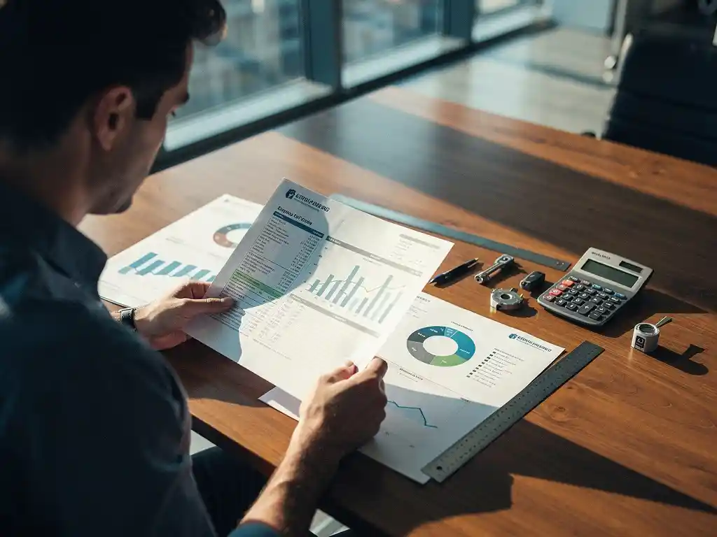 Een energieadviseur van Energy Check analyseert nutsrekeningen en verbruiksgegevens aan een bureau met een rekenmachine en grafieken.