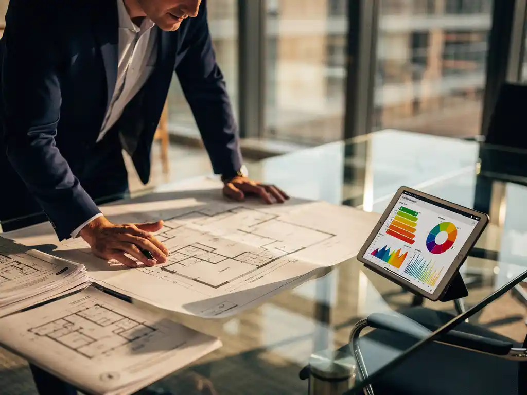 Een zakelijke man bestudeert energie-audit blauwdrukken op een bureau naast een tablet met grafieken, in een moderne kantooromgeving bij Energy Check.