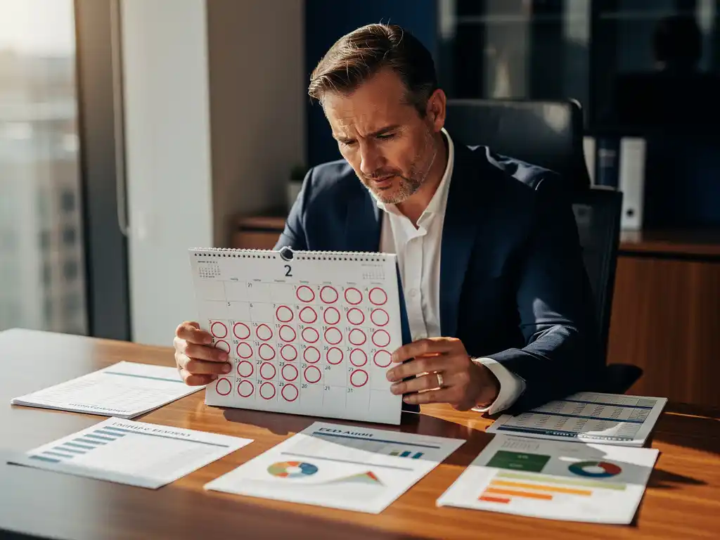 Een consultant van Energy Check bekijkt een kalender met deadlines voor een energieaudit, omringd door grafieken en rapporten.