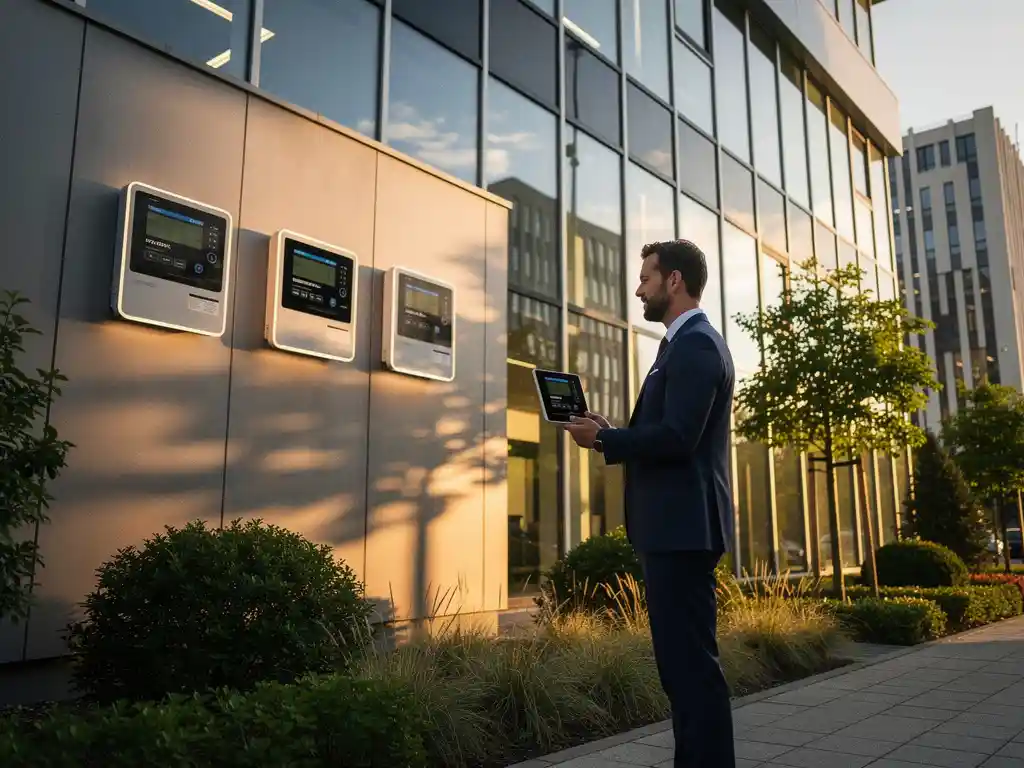 Een Energy Check consultant voert een energieaudit uit bij een kantoorgebouw, met behulp van slimme meters aan de muur.