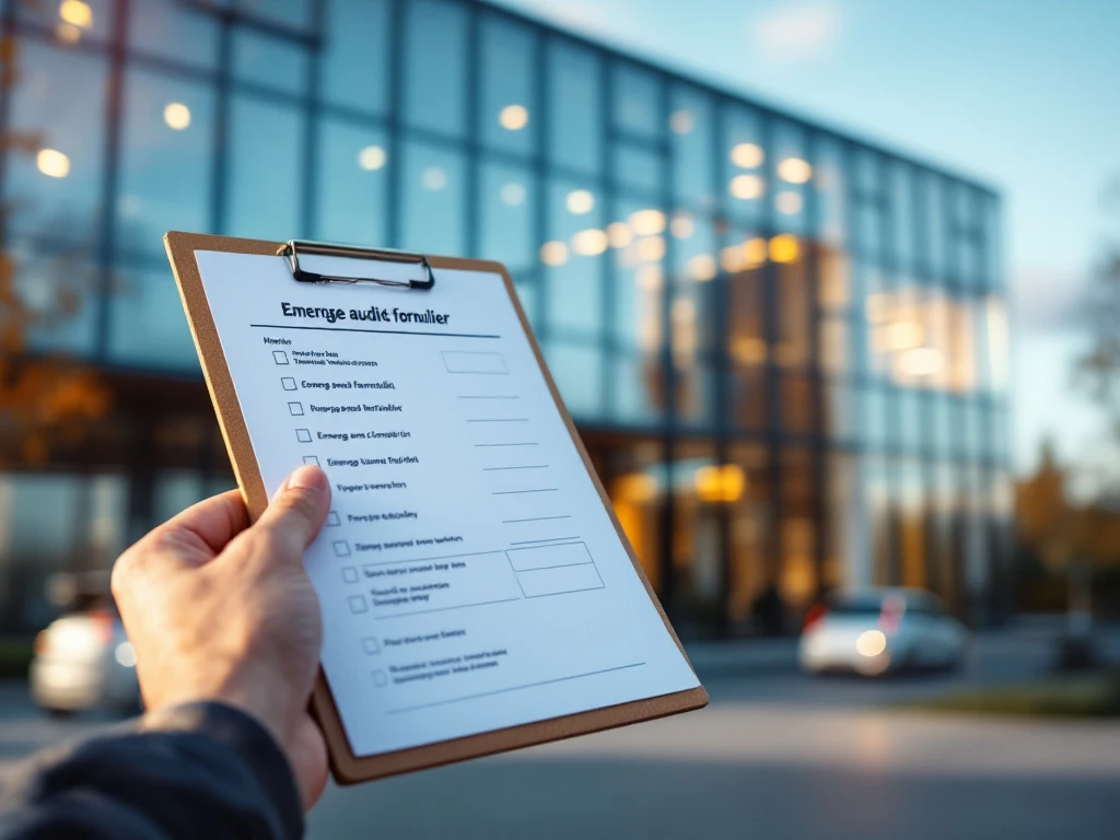 Een hand houdt een energie-auditformulier voor een modern kantoorgebouw vast, met een elektrische auto op de achtergrond, gefotografeerd voor Energy Check.