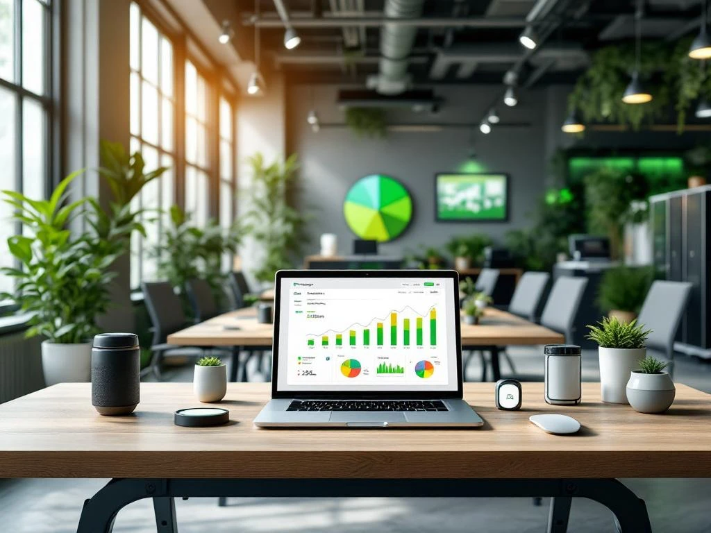 Een modern kantoor met een laptop die het Energy Check energiebeheer-dashboard toont, omringd door planten voor een duurzame werkomgeving.